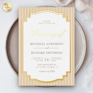 Invitación Con Relieve Metalizado Clásico beige bronceado rayado foto boda oro