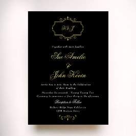 Invitación Con Relieve Metalizado clásico blanco negro monograma de oro real boda
