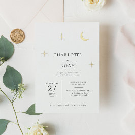 Invitación Con Relieve Metalizado Clásico Boda de Estrellas de Luna de Oro Celestial