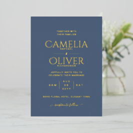 Invitación Con Relieve Metalizado Clásico BODAS Texto HOJA DE ORO Azul Elegante Hoja
