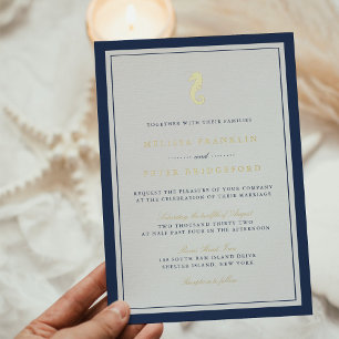 Invitación Con Relieve Metalizado Clásico Caballo de Mar Náutico Boda Oro