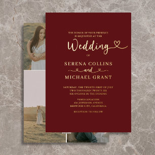 Invitación Con Relieve Metalizado Clásico Corazón de Escritura 4 Fotos Burgundy Boda