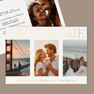 Invitación Con Relieve Metalizado Clásico Cuatro Multi Foto Guardar Fecha Oro