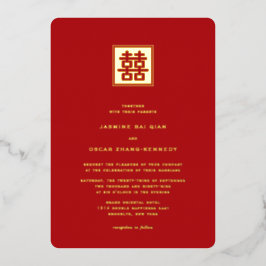 Invitación Con Relieve Metalizado Clásico Doble Felicidad Cuadrado Boda China