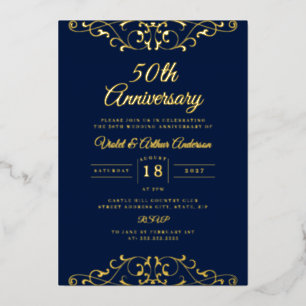 Invitación Con Relieve Metalizado Clásico dorado azul marino remolino 50 aniversario