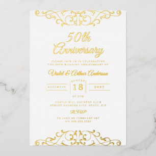 Invitación Con Relieve Metalizado Clásico dorado blanco remolino 50 aniversario de b