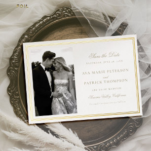 Invitación Con Relieve Metalizado Clásico Dorado Foto de Bodas con Doble Marco Save 