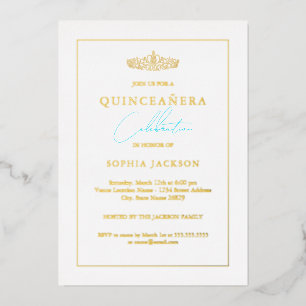 Invitación Con Relieve Metalizado Clásico Elegante Azul Foto Quinceañera
