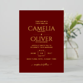 Invitación Con Relieve Metalizado Clásico ELEGANTE Boda Burgundy Texto HOJA DE ORO
