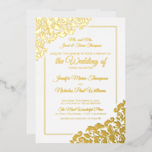 Invitación Con Relieve Metalizado Clásico elegante con adornos florales para Boda