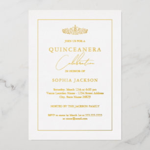 Invitación Con Relieve Metalizado Clásico Elegante de Quinceañera con Hojas de Oro