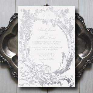 Invitación Con Relieve Metalizado Clásico Elegante Floral Rococó Francés