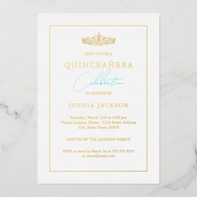 Invitación Con Relieve Metalizado Clásico Elegante Foto Azul Quinceanera (Anverso)