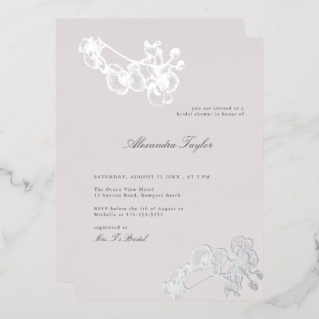 Invitación Con Relieve Metalizado Clásico Elegante Orquídea Plata Floral Bridal Duch (Anverso/Reverso)