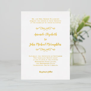 Invitación Con Relieve Metalizado Clásico Elegante Sencillo Formal Blanco Boda Dorad