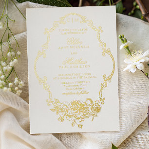 Invitación Con Relieve Metalizado Clásico Floral Elegante Boda de Marco
