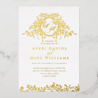 Invitación Con Relieve Metalizado Clásico Francés Vintage Elegante Boda Floral Dorad