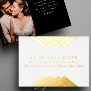 Invitación Con Relieve Metalizado Clásico Geométrico Dorado Ahorra la Fecha de Boda