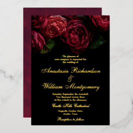 Invitación Con Relieve Metalizado Clásico Gótico Elegante Floral Negro y Boda Oro