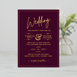 Invitación Con Relieve Metalizado Clásico HOJA DE ORO Borgoña Clásico Elegante Boda