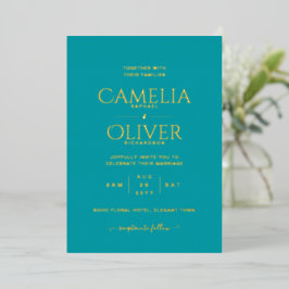 Invitación Con Relieve Metalizado CLÁSICO HOJA DE ORO Elegante Boda Verde azulado