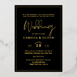 Invitación Con Relieve Metalizado Clásico HOJA DE ORO Negro Clásico Elegante Boda  F