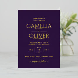 Invitación Con Relieve Metalizado Clásico HOJA DE ORO Texto Ciruela Púrpura Boda Ele