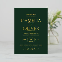 Invitación Con Relieve Metalizado Clásico HOJA DE ORO Texto Verde Boda Elegante