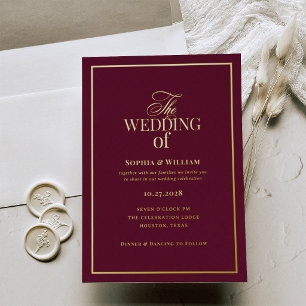 Invitación Con Relieve Metalizado Clásico Luxe Burgundy Boda con Oro