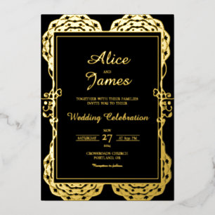Invitación Con Relieve Metalizado Clásico Mandala Negro Hoja de Oro Boda India