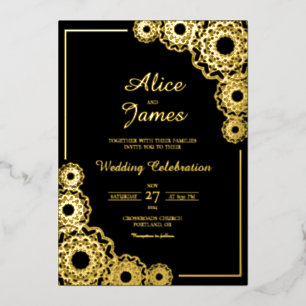 Invitación Con Relieve Metalizado Clásico Mandala Negro Hoja de Oro Boda India