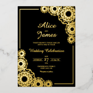 Invitación Con Relieve Metalizado Clásico Mandala Negro Hoja de Oro Boda India