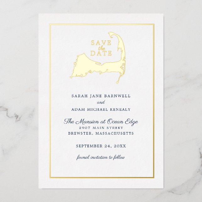 Invitación Con Relieve Metalizado Clásico Mapa de Cape Cod Boda Guardar la fecha (Anverso)