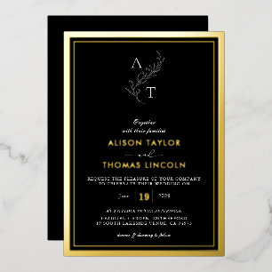 Invitación Con Relieve Metalizado Clásico Marco de bodas con monograma en oro real