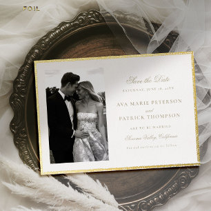 Invitación Con Relieve Metalizado Clásico Marco de Oro Bruñido Foto Boda Guardar Fec