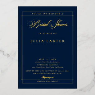 Invitación Con Relieve Metalizado Clásico Marfil Azul Caligrafía Bridal Shower