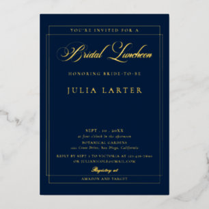 Invitación Con Relieve Metalizado Clásico Marfil Azul Marino Caligrafía Almuerzo Nup