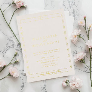 Invitación Con Relieve Metalizado Clásico Marfil Negro Simple Minimalista Boda