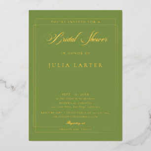 Invitación Con Relieve Metalizado Clásico Marfil Verde Caligrafía Bridal Shower