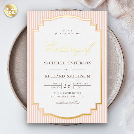 Invitación Con Relieve Metalizado Clásico melocotón pastel rayado foto boda oro