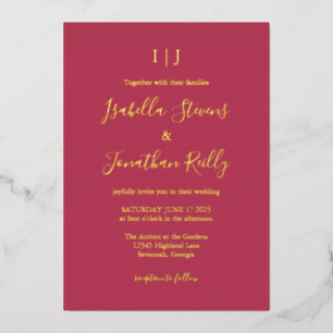 Invitación Con Relieve Metalizado Clásico Minimalista Magenta Rojo Boda Oro Fo