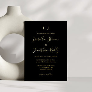 Invitación Con Relieve Metalizado Clásico Minimalista Monograma Boda Negro Dorado