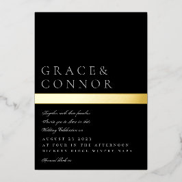 Invitación Con Relieve Metalizado Clásico Moderno Negro Gris Oro Hoja Raya Boda