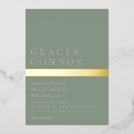 Invitación Con Relieve Metalizado Clásico Moderno Verde Salvia Dorado Raya Boda