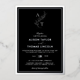 Invitación Con Relieve Metalizado Clásico Monograma Boda Negro y Plata