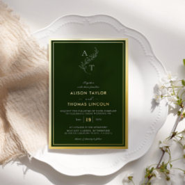 Invitación Con Relieve Metalizado Clásico Monograma Boda Oro Bosque Profundo Verde