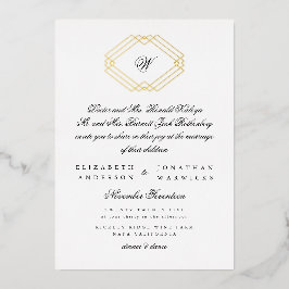 Invitación Con Relieve Metalizado Clásico Monograma de Caligrafía Oro Deco Boda