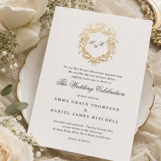 Invitación Con Relieve Metalizado Clásico Monograma de Corona Floral Boda