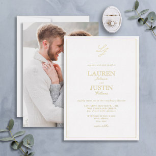 Invitación Con Relieve Metalizado Clásico Monograma de Escritura Foto Boda Oro