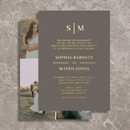 Invitación Con Relieve Metalizado Clásico Monograma Tradicional Marrón 4 Fotos Boda